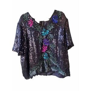 STENAY Blouse Womens Size 2XL Silk Beaded Sequin Colorful Short Sleeve Vintage